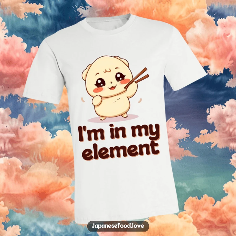 Funny t-shirt showcasing a determined dumpling with big eyes, comically attempting to juggle chopsticks, radiating pure, unadulterated fun.
