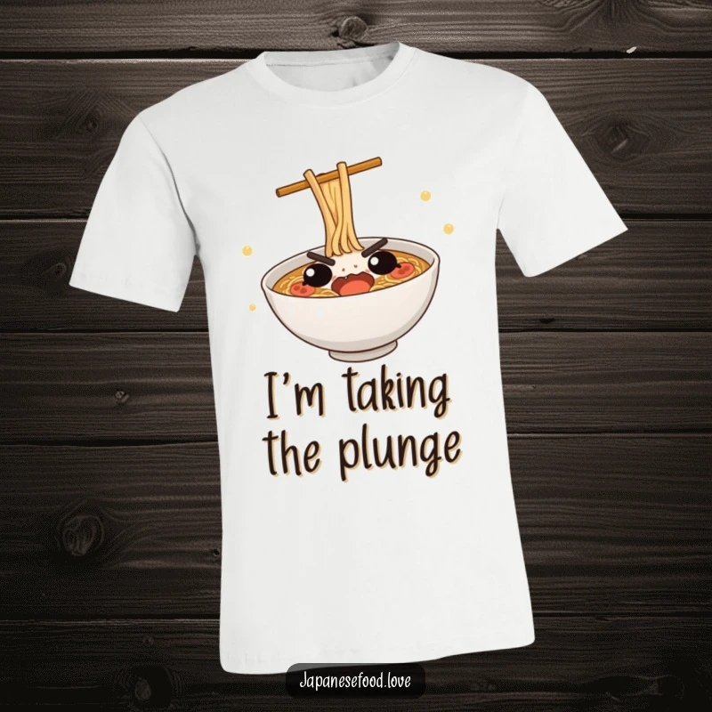 Funny Ramen Dive T-Shirt: A cute, determined ramen bowl in mid-dive, showcasing athletic ambition humorously on this tee.