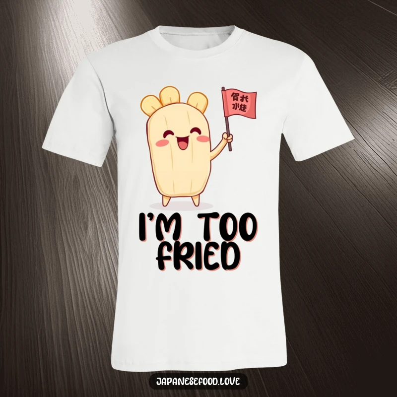 Funny T-Shirt showcasing an ecstatic tempura character enthusiastically waving a miniature flag, radiating pure joy and energetic vibes.