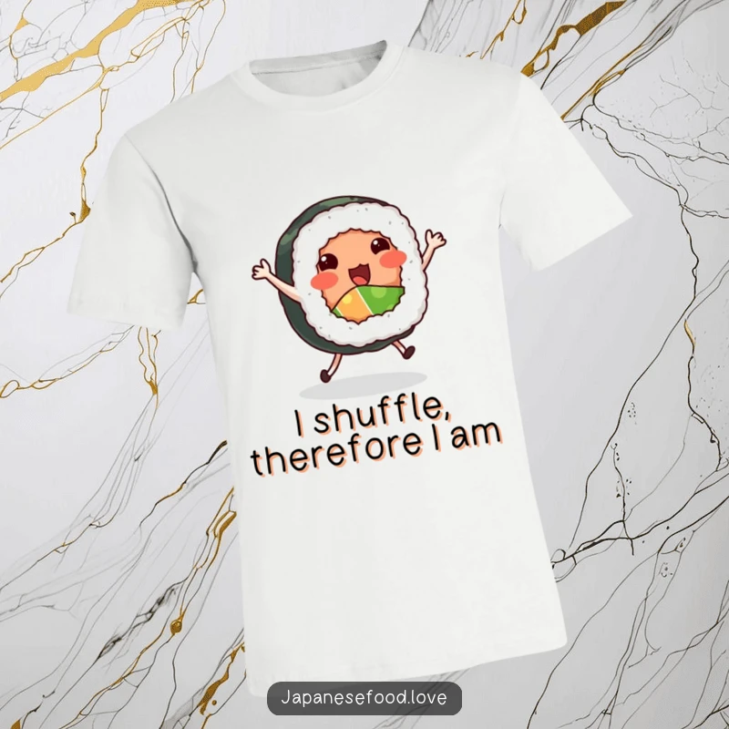 Funny Dancing Sushi Roll T-Shirt: Sushi roll with tiny legs excitedly dancing a jig, Japanese food, funny apparel, funny gift.