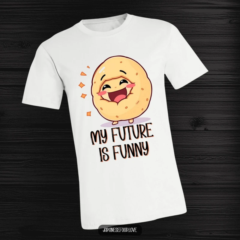 Funny t-shirt depicting a giant fortune cookie character in mid-burst of hearty laughter, radiating pure, unadulterated joy and amusement.