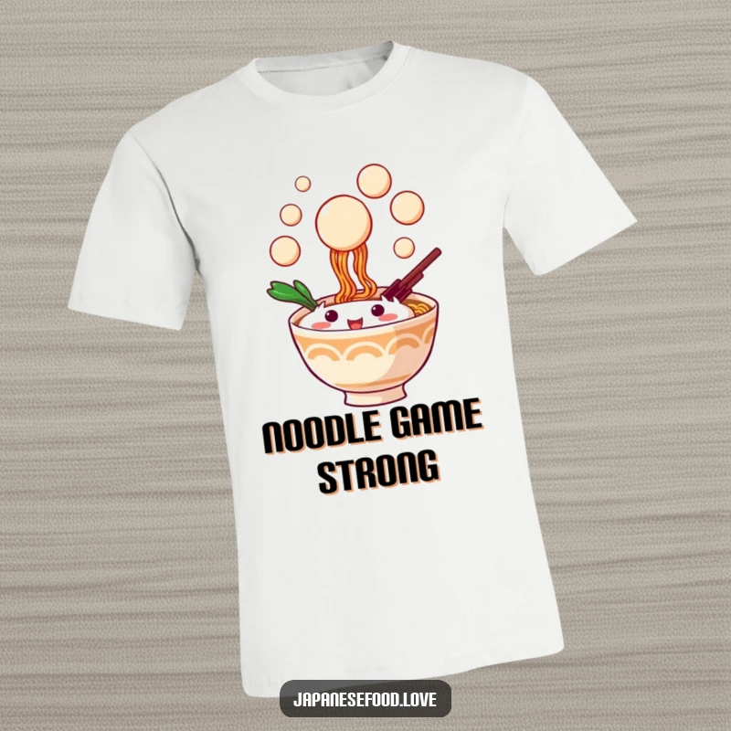 Funny t-shirt of a cheerful ramen bowl character trying to catch falling dango balls, a playful scene.