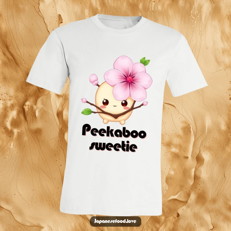 Funny t-shirt with a shy mochi character, big eyes peeking from behind a cherry blossom, a cute and humorous design, perfect for a funny gift.