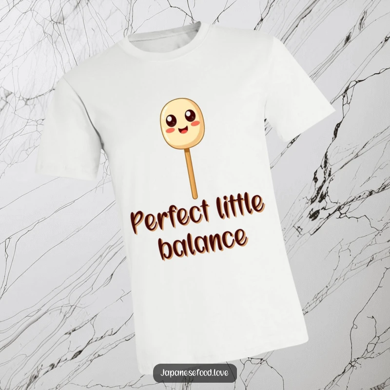 Funny Dango Balance T-Shirt: A happy dango skewer with big, funny eyes precariously balancing on a chopstick.