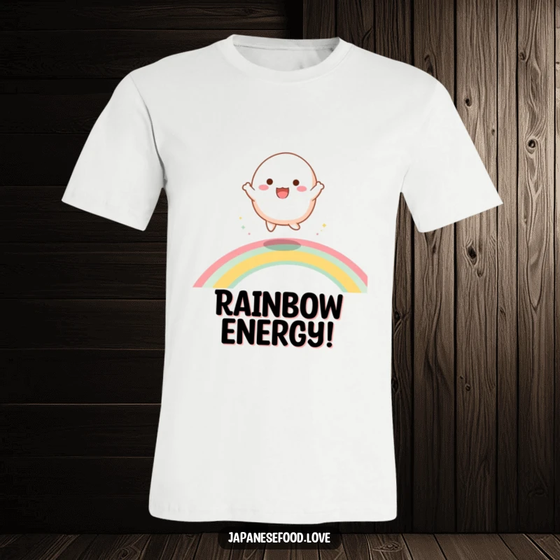 Funny t-shirt with a cheerful mochi character energetically dancing and bouncing across a bright, magical rainbow.