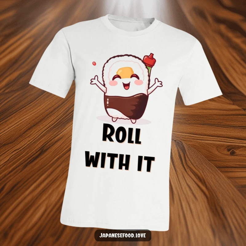 Funny t-shirt featuring a happy sushi roll with open arms hugging a smiling soy sauce bottle, symbolizing friendship and foodie love.