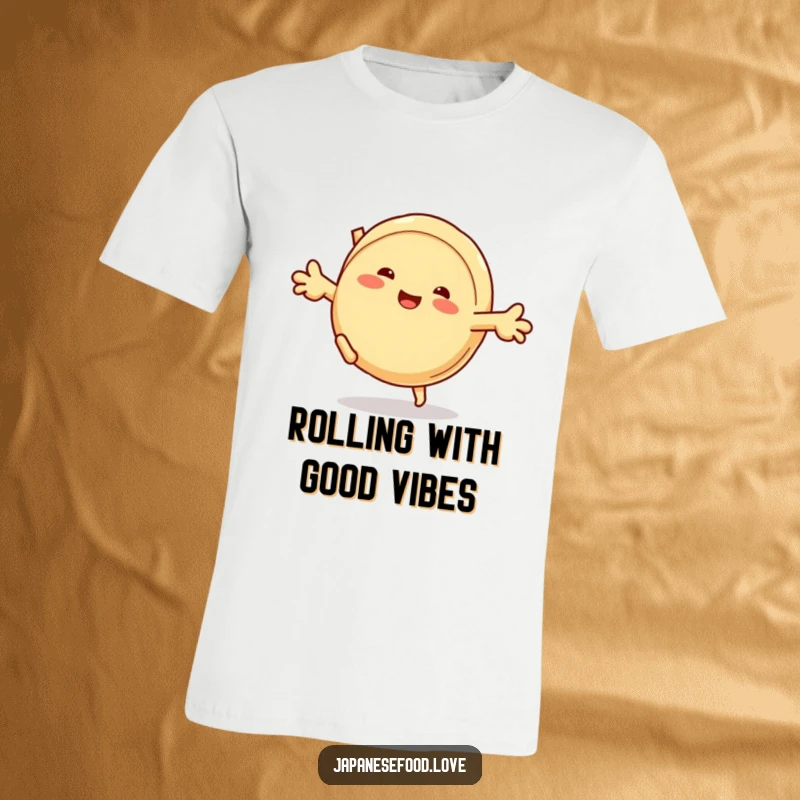 Funny t-shirt showcasing a grinning steamed bun character doing a lively cartwheel, radiating pure doughy joy and humor.