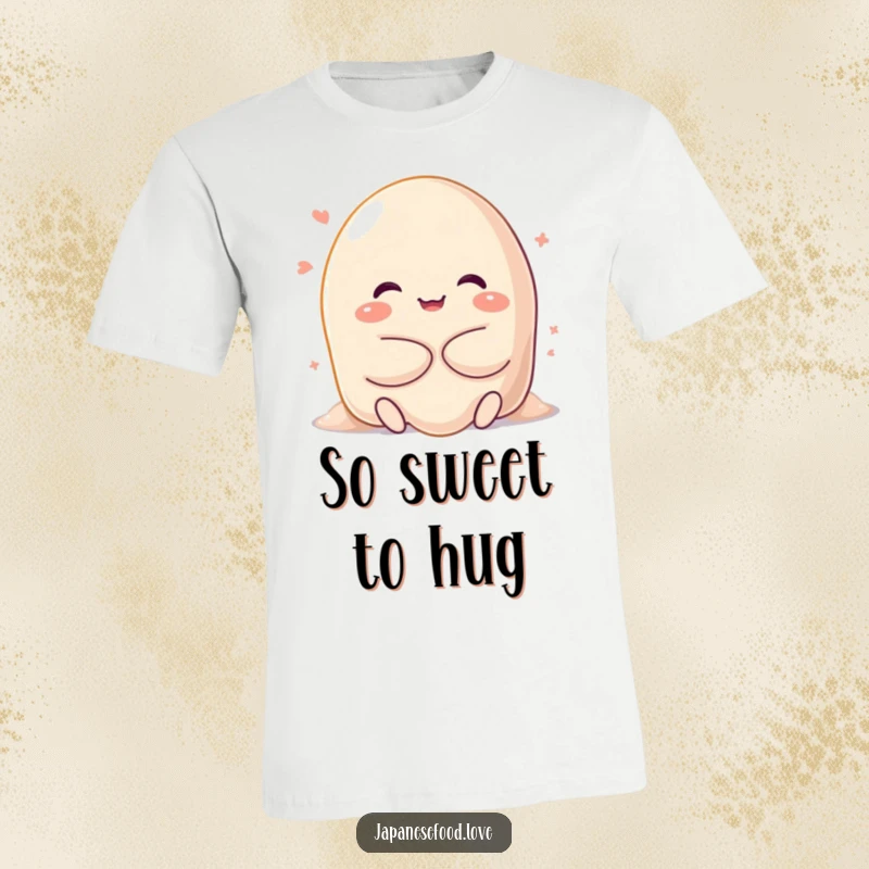 Funny t-shirt showing a happy, sweet mochi character melting into a tender, gooey hug, perfect for expressing affection and comfort.