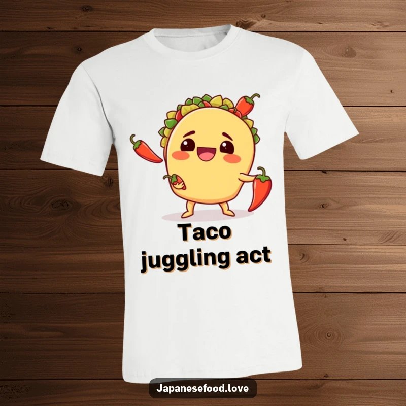 Funny t-shirt featuring a grinning taco attempting to juggle three spicy chili peppers, a comical kitchen mishap in motion.