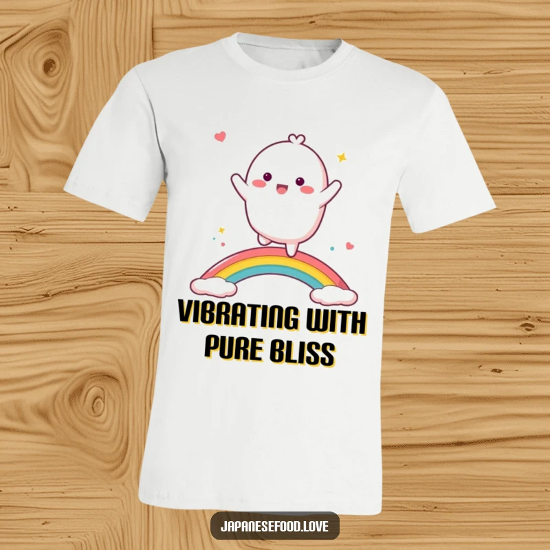 Funny mochi character joyfully dancing across a colorful rainbow, radiating happiness and energy.