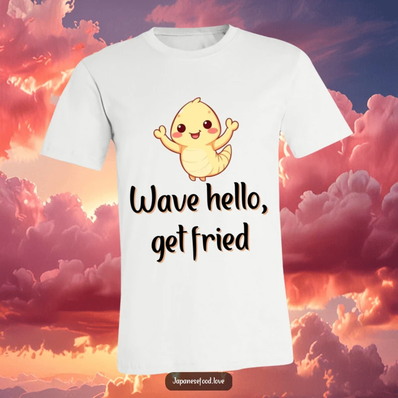 Funny Waving Tempura Shrimp T-Shirt: Happy tempura shrimp with tiny arms waves enthusiastically, seafood fashion, energetic shirt, funny gift.