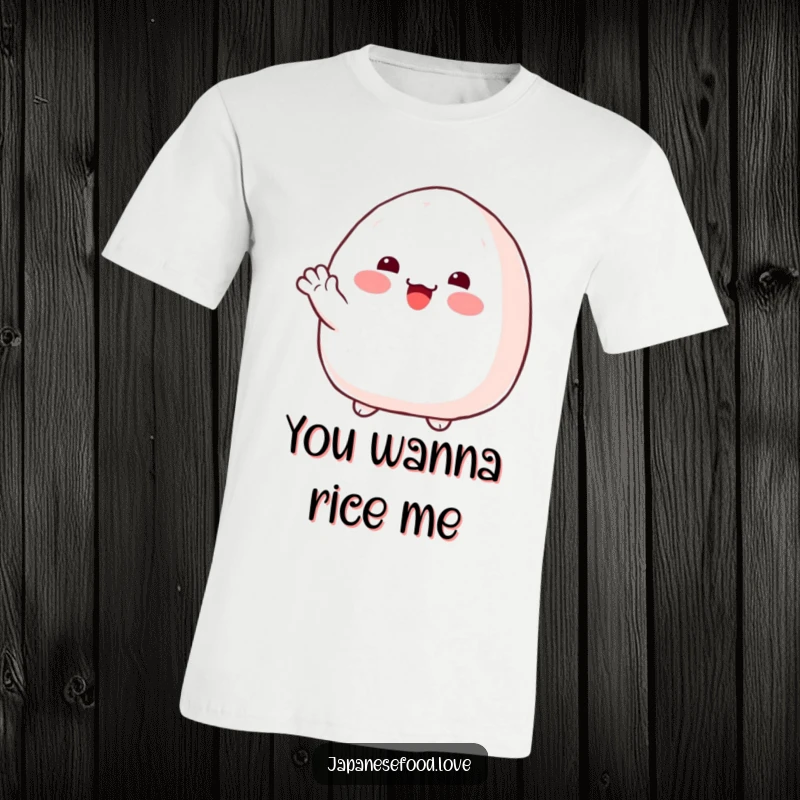 Funny onigiri t-shirt showing a plump rice ball with rosy cheeks, giving a warm and friendly wave.