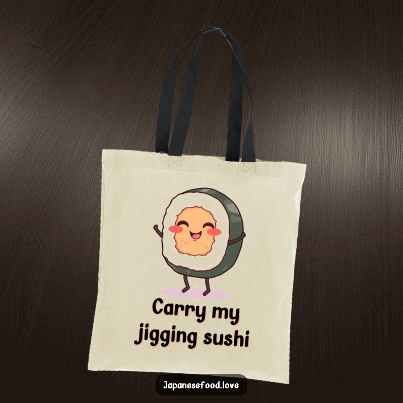 Funny tote bag with a smiling sushi roll and tiny legs energetically dancing a jig, a whimsical culinary delight.