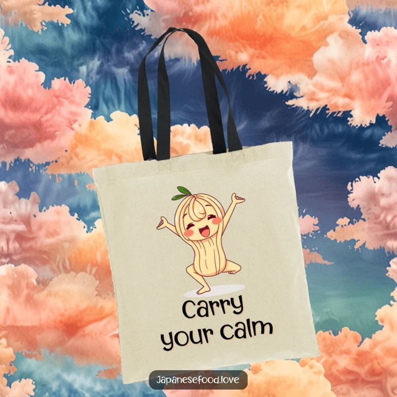 Funny wobbly ramen noodle tote bag, a character stretching in a yoga pose, humorous and practical accessory for carrying essentials.