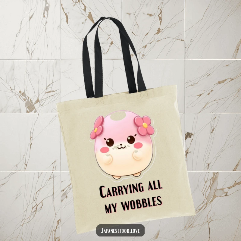 Funny tote bag showcasing a wobbly sakura mochi character wobbling with pure delight, perfect for shopping or daily use.