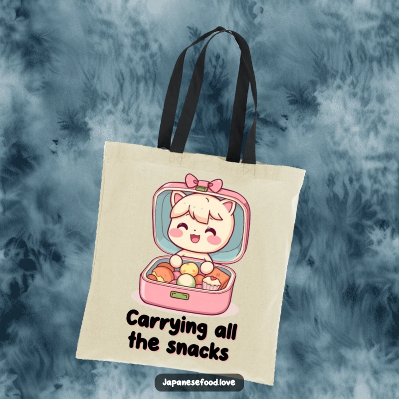 Funny Bento Box Tote Bag: A cute, happy character is shown opening to reveal a delightful collection of tiny treats, perfect for shoppers.