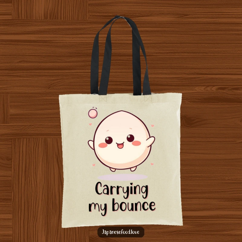 Funny Tote Bag with a cheerful mochi character bouncing like a rubber ball, perfect for carrying essentials with a dose of fun.