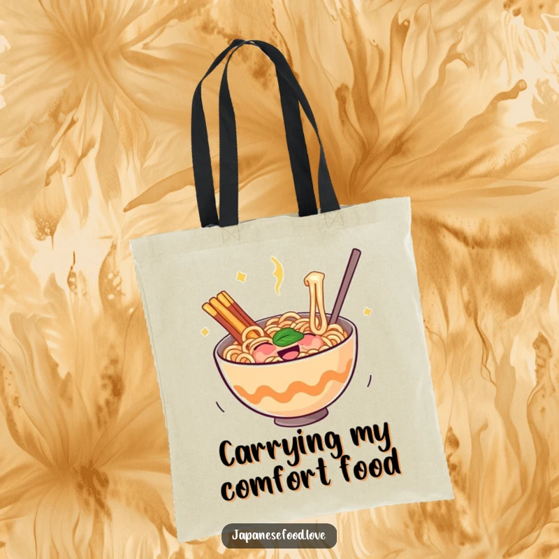 Funny ramen tote bag with a bouncing bowl of noodles filled with glee, perfect for carrying essentials with a cheerful touch.