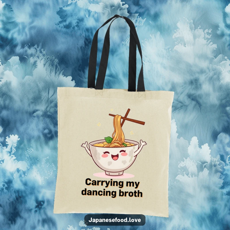 Funny tote bag featuring a cheerful ramen bowl dancing with steam, a humorous food character illustration, ideal for a funny gift.