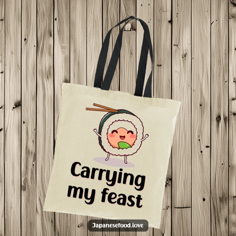 Funny sushi tote bag featuring a smiling sushi roll with tiny legs, juggling chopsticks, ready for any outing.