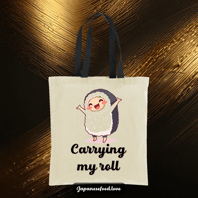 Funny tote bag featuring a plump, smiling sushi roll doing a clumsy pirouette, ideal for carrying groceries with humor.
