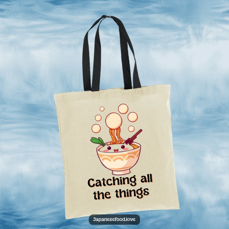 Funny tote bag with a playful ramen bowl character catching dango balls, a fun accessory for daily use.