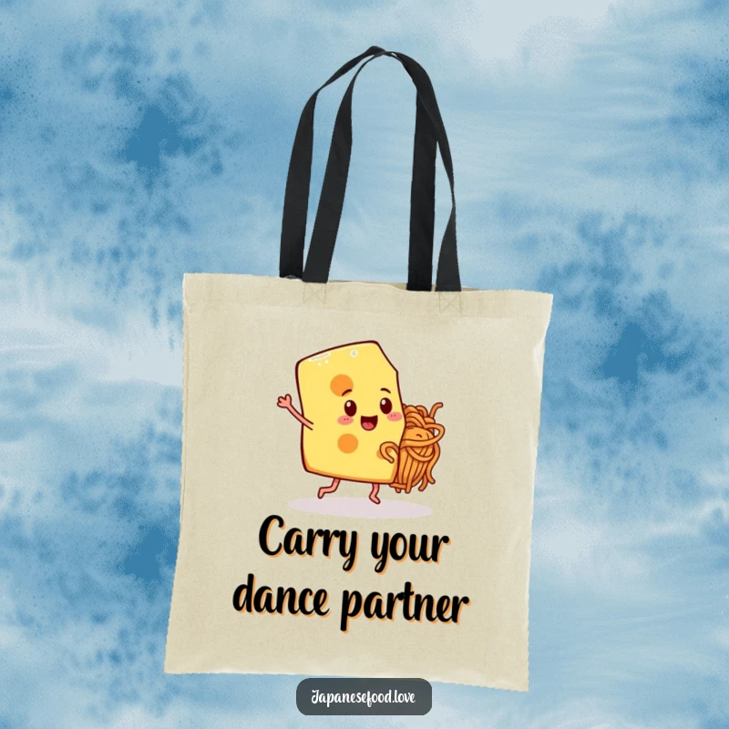 Funny cheese slice with legs and a noodle friend in a joyful dance pose on a durable tote bag.