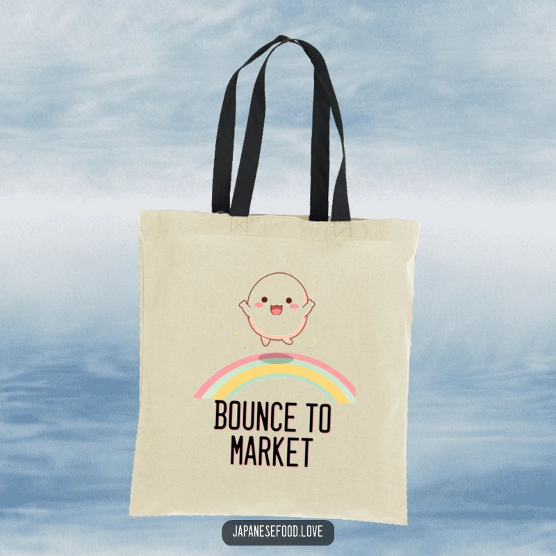 Funny tote bag showcasing an energetic mochi character dancing and bouncing with glee across a beautiful, colorful rainbow.