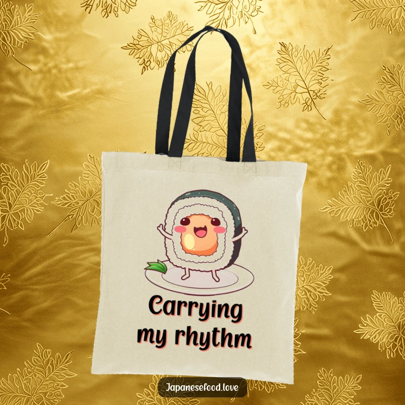 Funny Sushi Tote Bag: an anthropomorphic sushi roll with legs dances happily on a plate, perfect for carrying groceries with foodie fun.