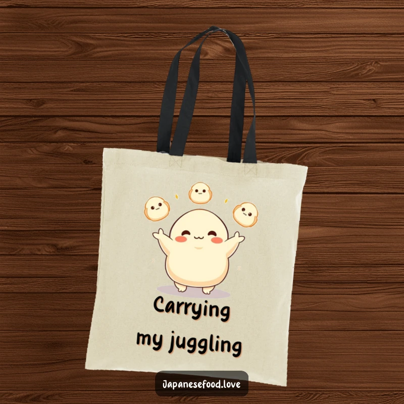 Funny tote bag with a plump dumpling character happily juggling three glowing dumplings, embodying skill and delight.