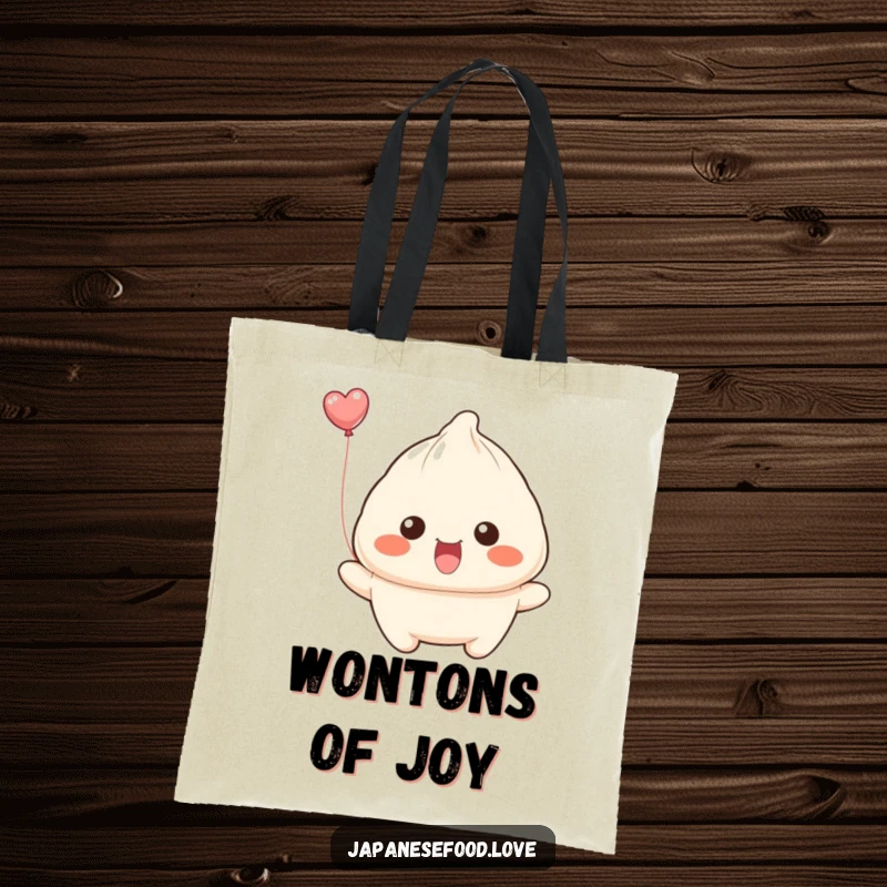 Funny dumpling with wide smile attempting to float away like a balloon on a tote bag, a charming and humorous accessory.