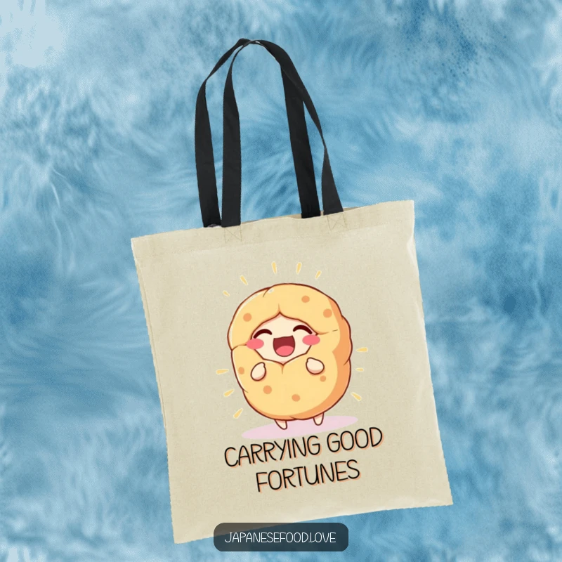 Funny Tote Bag with a giant fortune cookie character laughing heartily, perfect for carrying items with a smile.