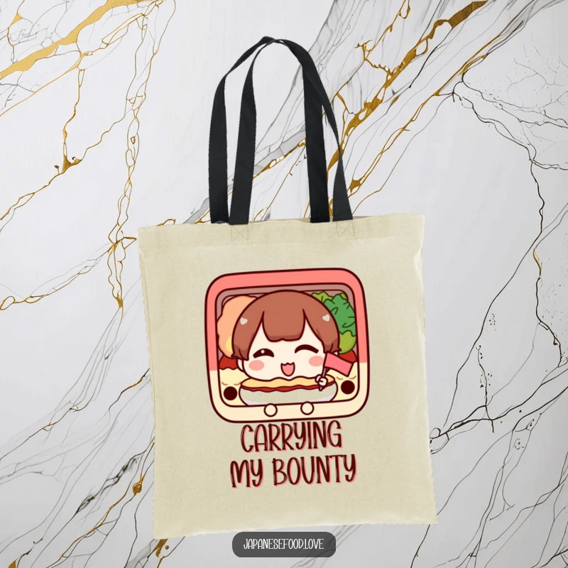 Funny tote bag with a happy bento box character winking and holding a small flag, a cheerful accessory.