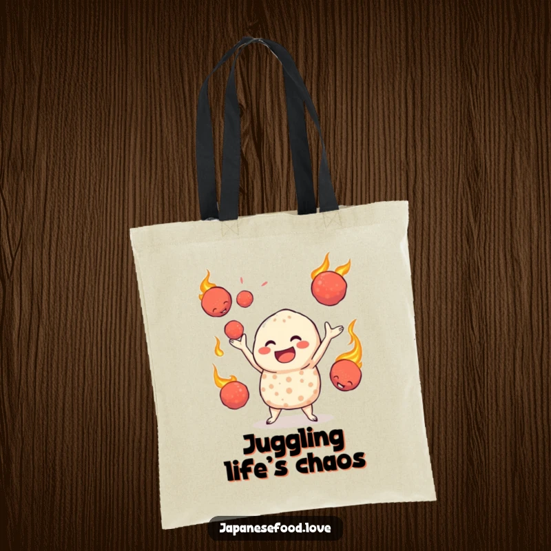 Funny tote bag illustrating a jovial takoyaki character juggling flaming octopus balls, perfect for carrying groceries or daily items.