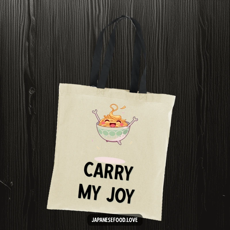 Funny Jumping Ramen Bowl Tote Bag: Smiling ramen bowl leaping joyfully into the air, stylish accessory, noodle humor, funny gift.
