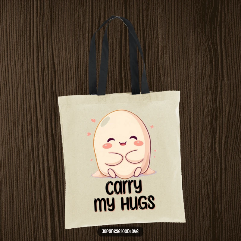 Funny tote bag illustrating a happy, sweet mochi character melting into a gooey hug, perfect for carrying items with an adorable and affectionate theme.