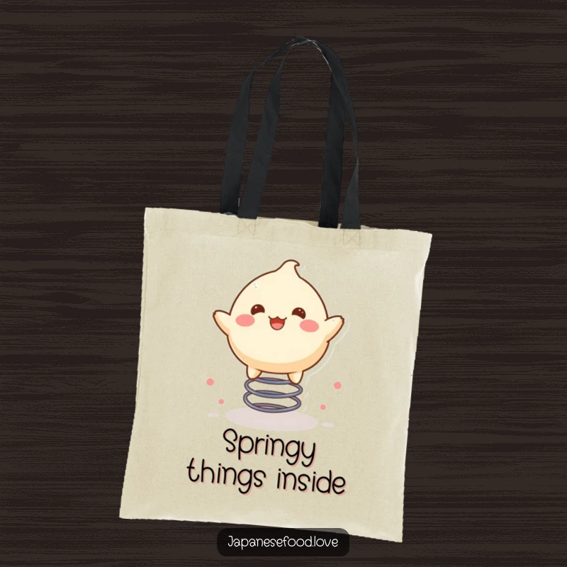 Funny tote bag with a delighted mochi character joyfully bouncing on a spring, a whimsical accessory.