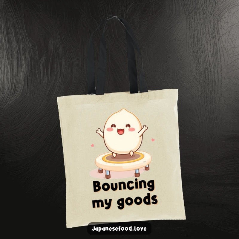 Funny Mochi Trampoline Tote Bag: A smiling mochi bounces happily on a trampoline made of mochi.