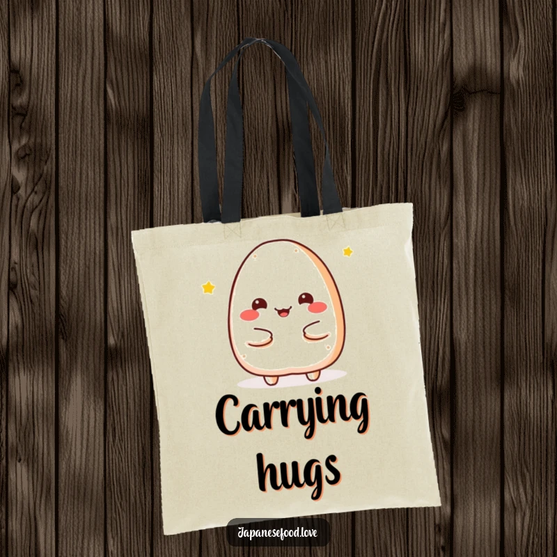 Funny Tote Bag with a cheerful onigiri character offering a warm embrace, perfect for carrying essentials with a dose of comfort.