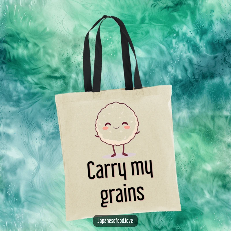 Funny tote bag with a beaming rice ball character standing on tiptoe, ready to carry your essentials with a smile.