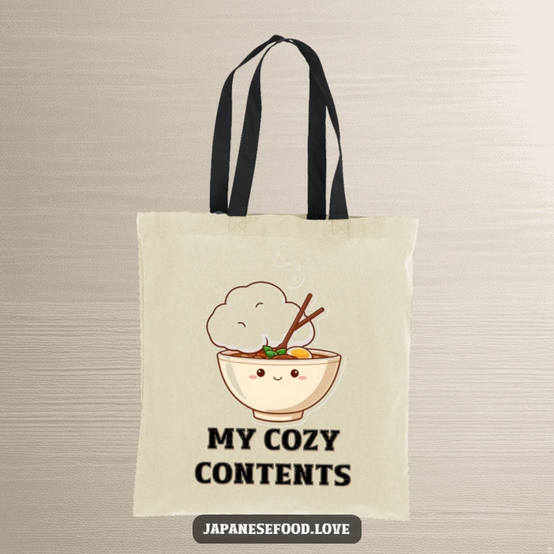 Funny tote bag with a shy ramen bowl peeking from behind a steaming cloud, perfect for carrying goods discreetly.