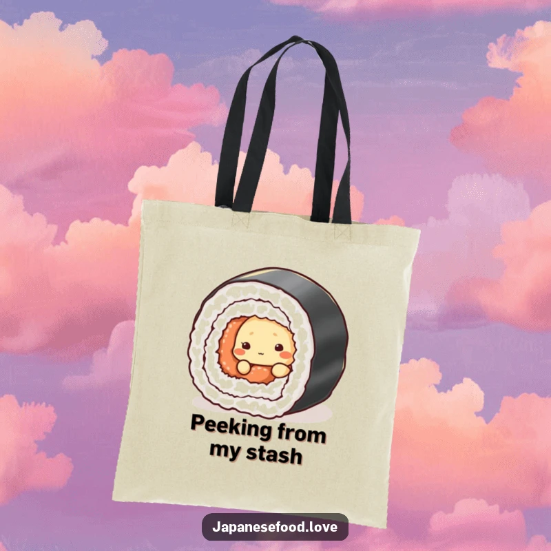 Funny tote bag with a shy tempura character peeking coyly from behind a giant sushi roll, a cute accessory.