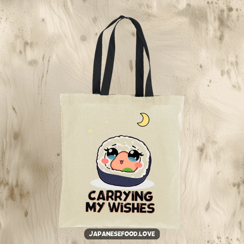 Funny tote bag illustrating a sushi roll with large, captivated eyes looking up at a glowing moon, a whimsical scene for culinary dreamers.