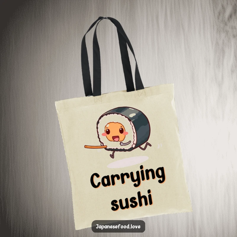 Funny tote bag illustrating a sushi piece with tiny legs racing with all its might towards a waiting chopstick, a hilarious food-themed accessory.