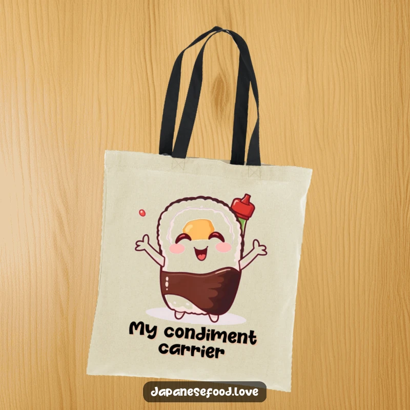 Funny tote bag illustrating a happy sushi roll hugging a smiling soy sauce bottle, perfect for carrying items with foodie flair.