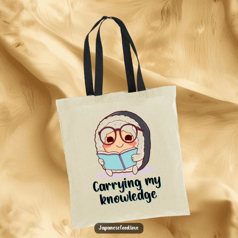 Funny Sushi Tote Bag: Durable bag with a smiling sushi roll wearing spectacles, ideal for humorous and intelligent everyday use.
