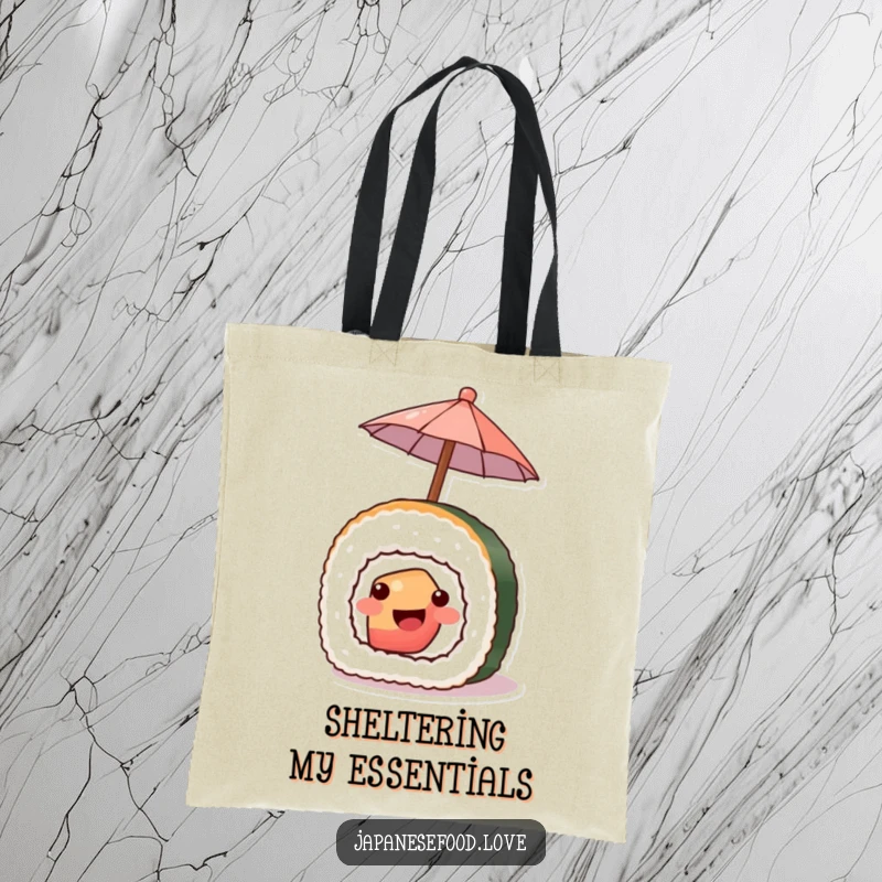 Funny tote bag with a smiling piece of sushi offering a tiny umbrella, a cute and humorous food accessory.