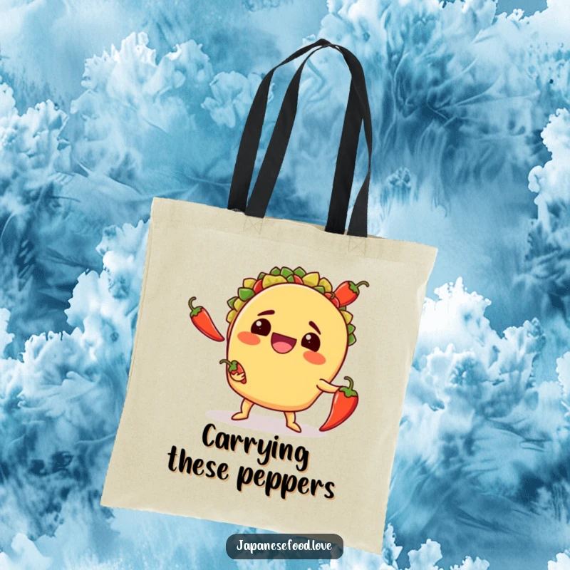 Funny tote bag depicting a grinning taco struggling to juggle three spicy chili peppers, a chaotic yet charming food-themed accessory.