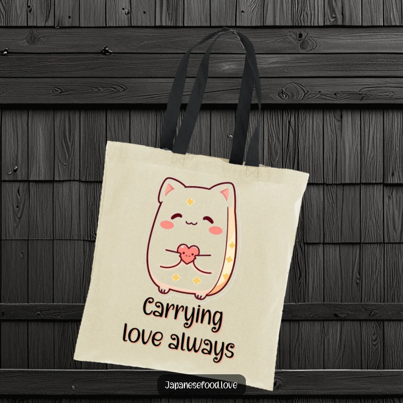 Funny Taiyaki tote bag with a smiling pastry character offering a small heart to a friend, ideal for casual use.