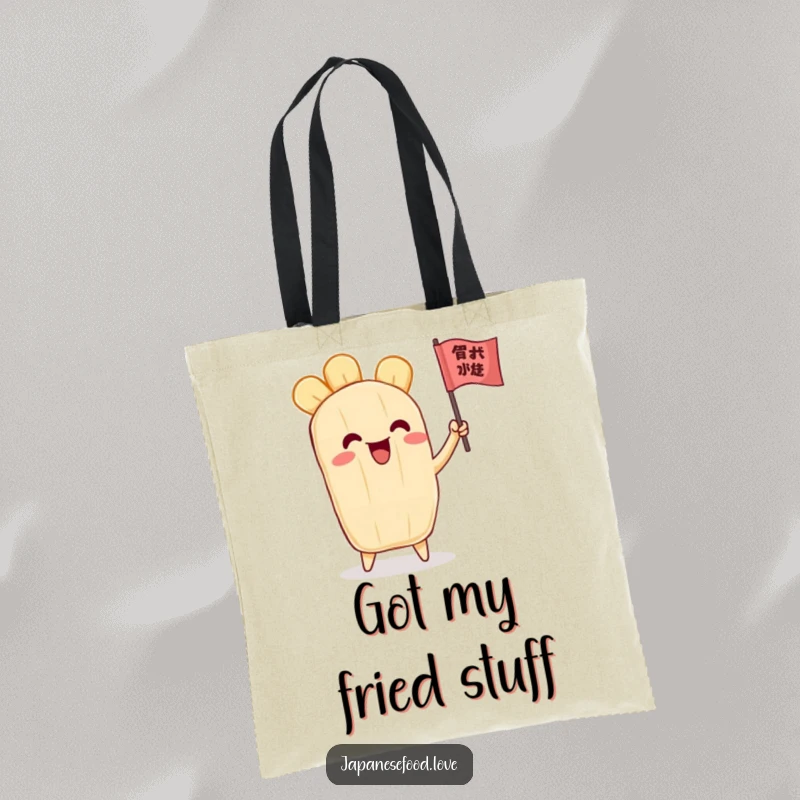 Funny tote bag featuring a jubilant tempura character joyfully waving a tiny flag, ideal for carrying groceries with a smile.